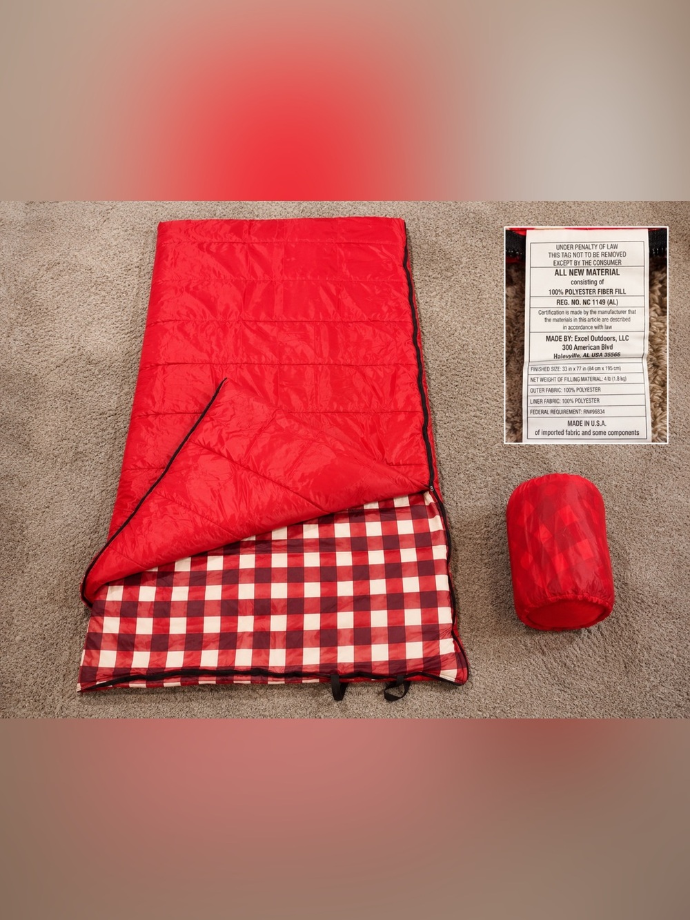 Red Buffalo Plaid Sleeping Bag with Stuff Sack